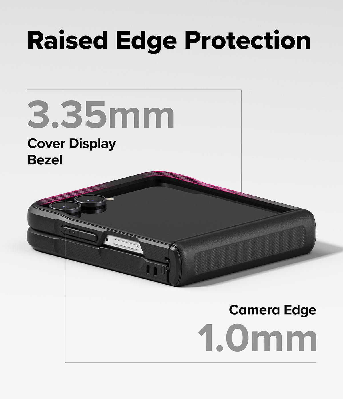 Galaxy Z Flip 8 Case | Onyx Flap - A black phone case with a pink accent edge shown on a light gray background, with text highlighting raised edge protection: 3.35mm for the cover display bezel and 1.
