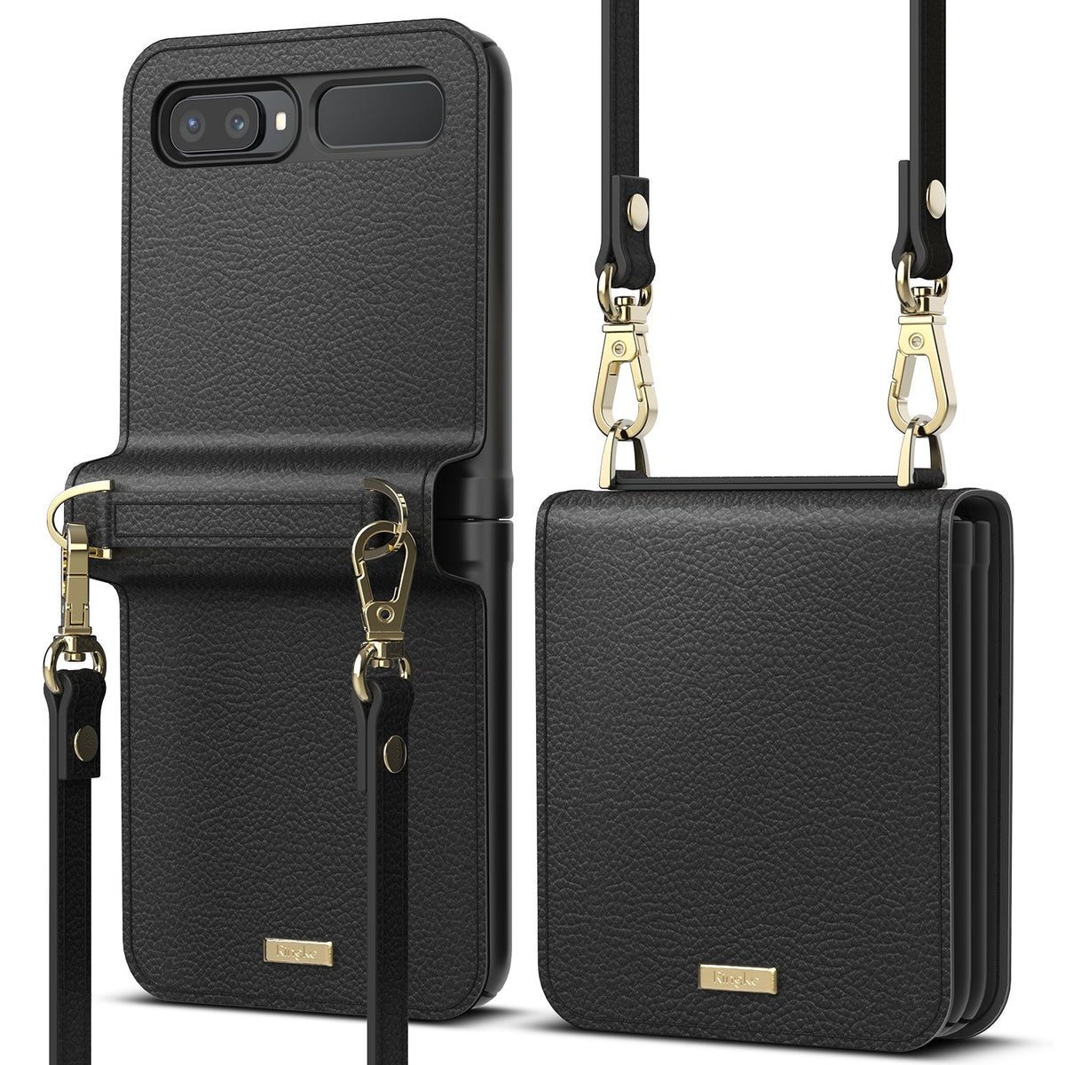 Galaxy Z Flip Case | Folio Signature Black - Black textured leather folio case for Galaxy Z Flip with gold hardware and strap.