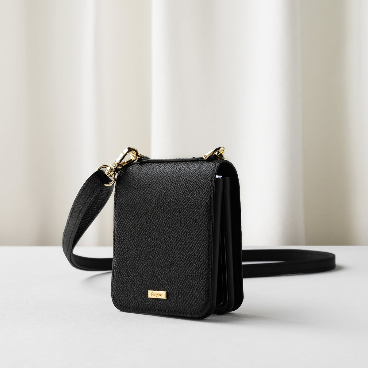 Galaxy Z Flip Case | Folio Signature Black - Black textured leather folio case with gold hardware and shoulder strap.