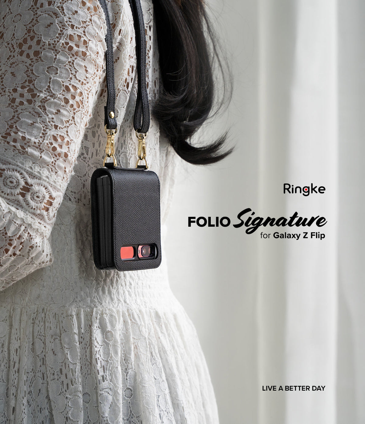 Galaxy Z Flip Case | Folio Signature Black - Person in white lace dress wearing a black leather phone case on a strap.