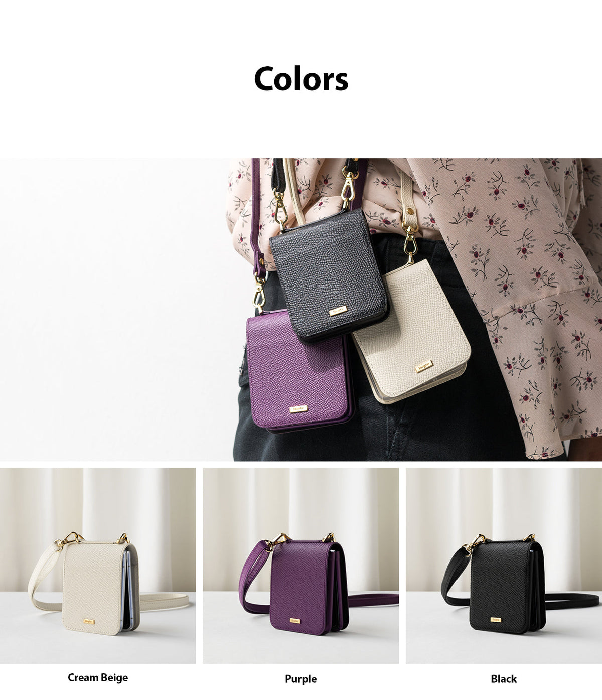 Galaxy Z Flip Case | Folio Signature Black - Three textured folio cases in black, purple, and cream beige with shoulder straps.