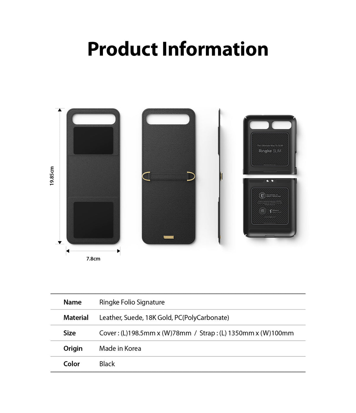 Galaxy Z Flip Case | Folio Signature Black - Technical diagram showing dimensions and components of a black leather folio case.