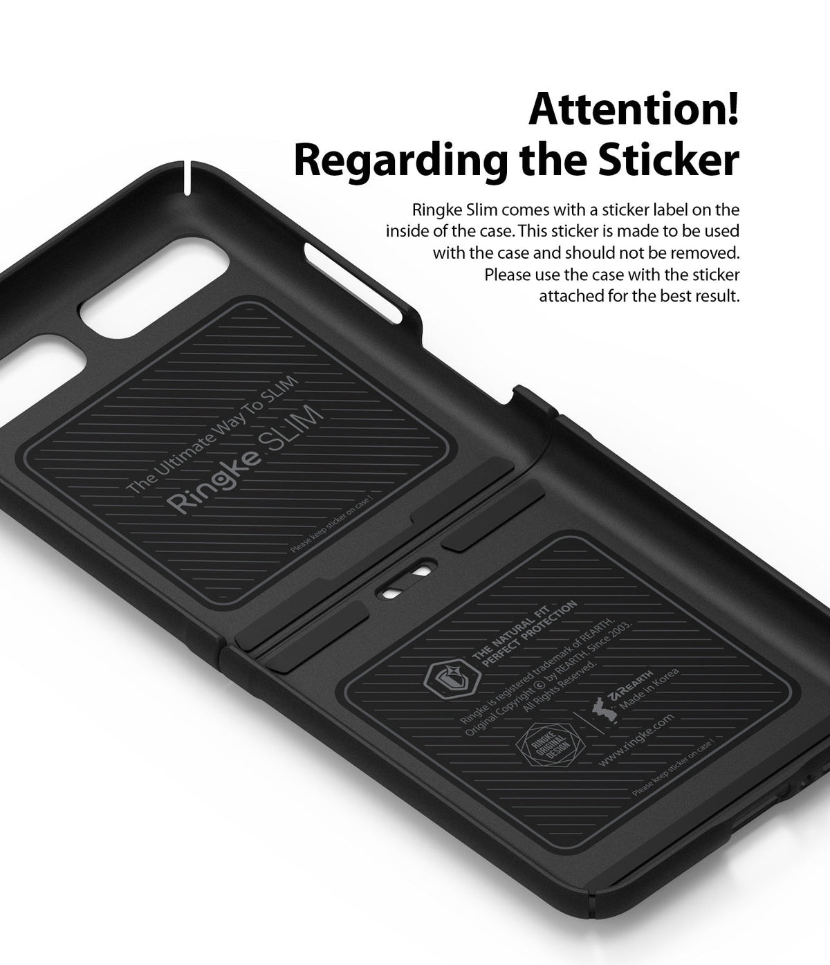 Galaxy Z Flip Case | Folio Signature Black - Interior of a black phone case showing adhesive stickers with instructions.
