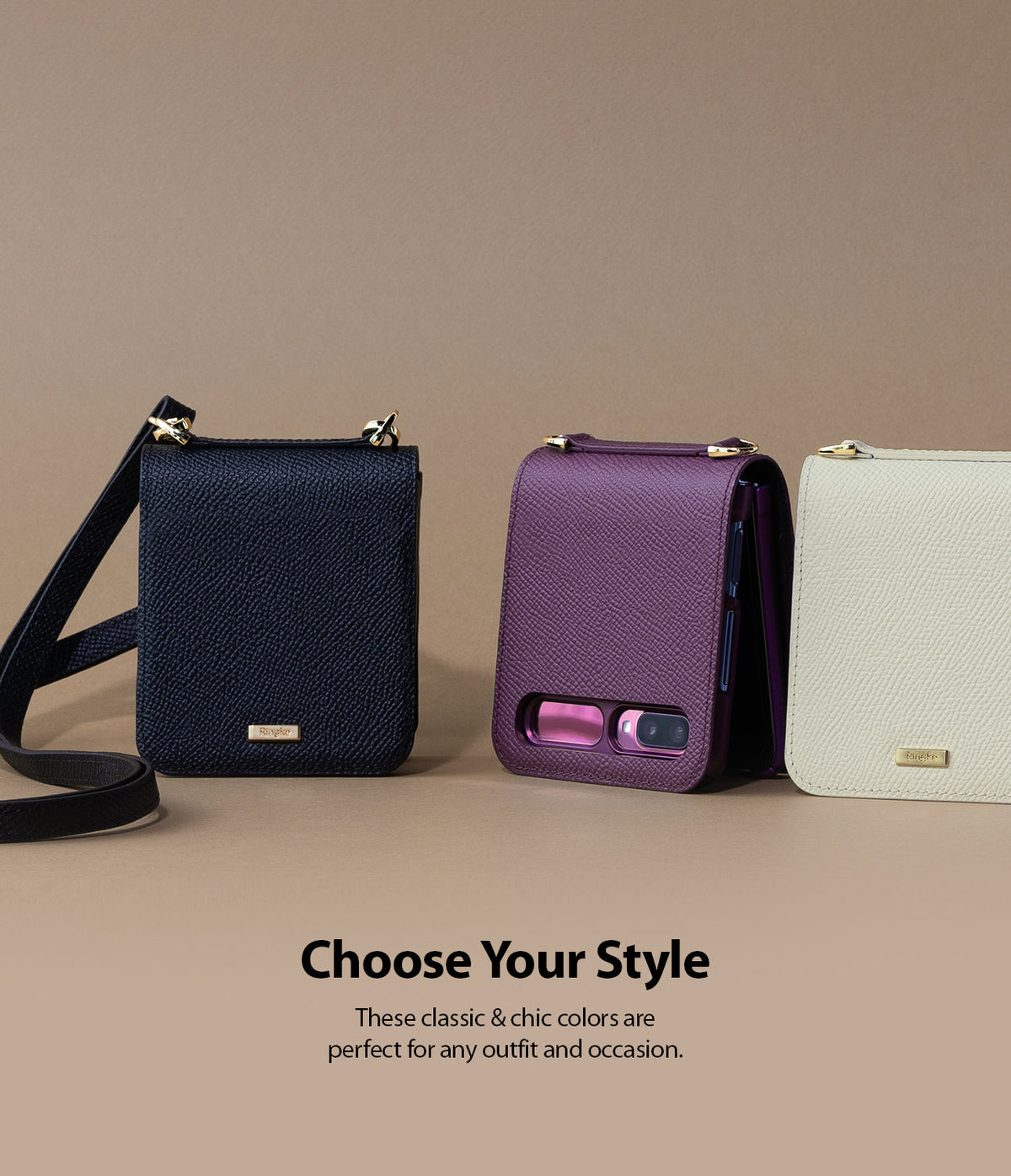 Galaxy Z Flip Case | Folio Signature Black - Three textured leather folio cases in black, purple, and cream on a tan background.