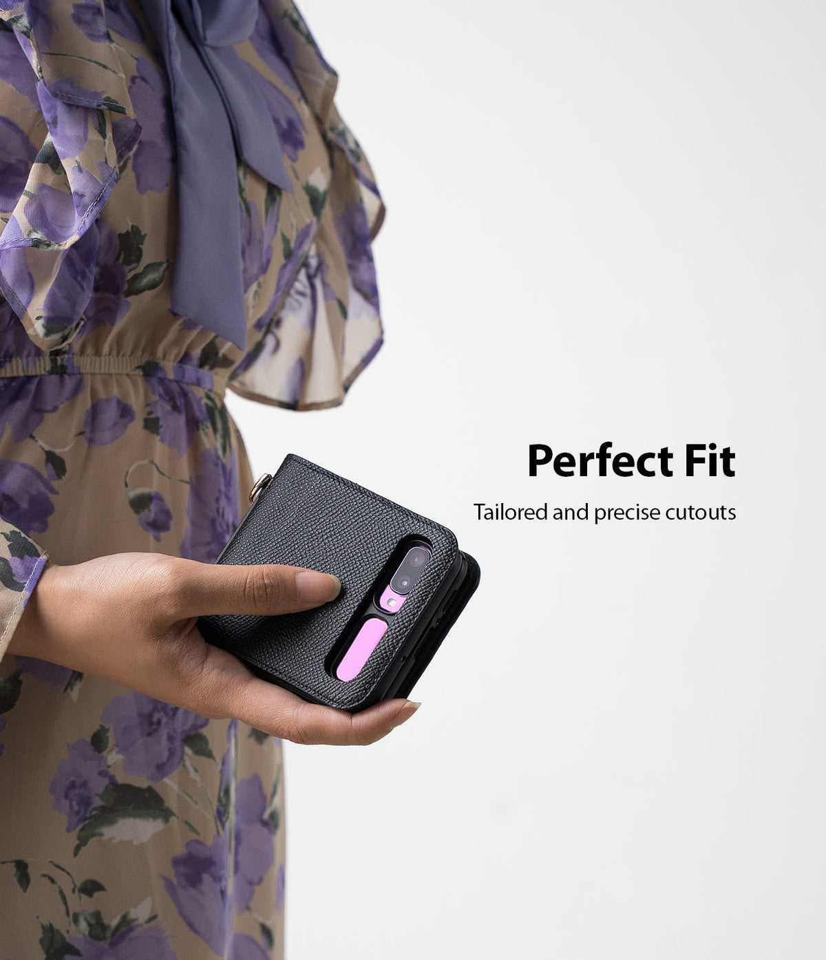 Galaxy Z Flip Case | Folio Signature Black - Hand holding a black textured folio case for a Galaxy Z Flip phone.