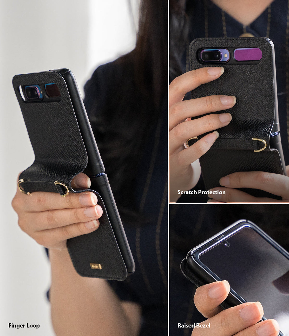 Galaxy Z Flip Case | Folio Signature Black - Black leather folio case for Galaxy Z Flip with finger loop and raised bezel.