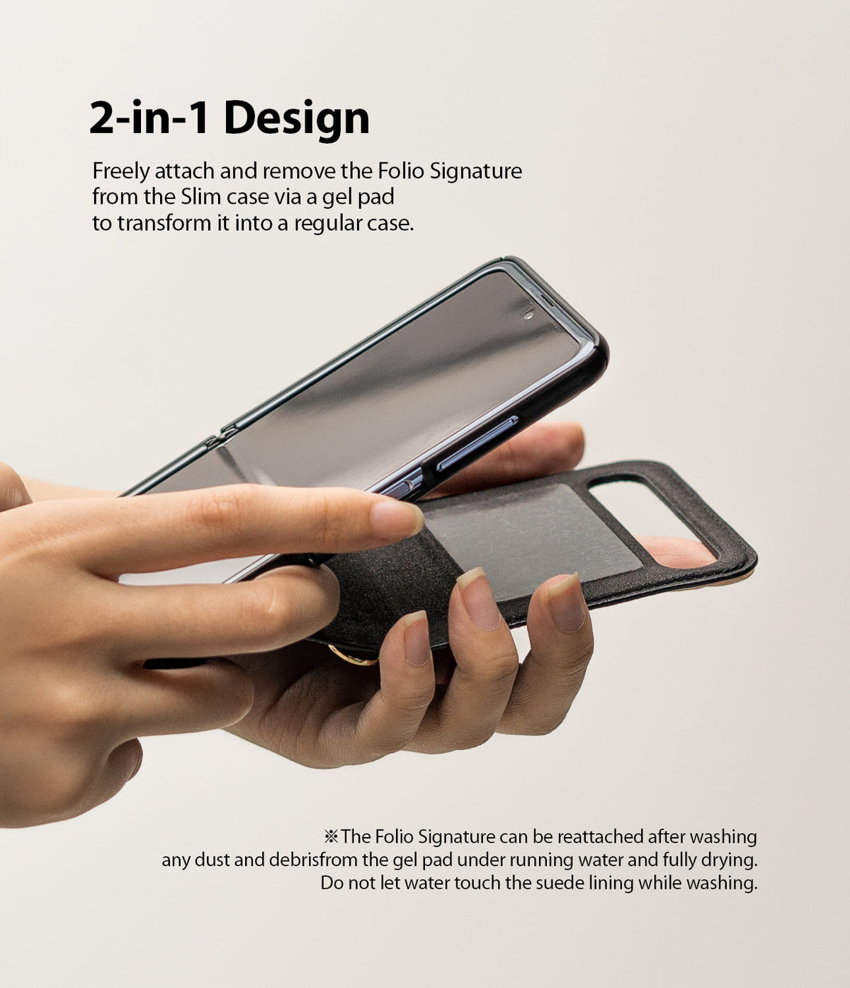 Galaxy Z Flip Case | Folio Signature Black - Hands detaching a Galaxy Z Flip phone from its black folio case via a gel pad.