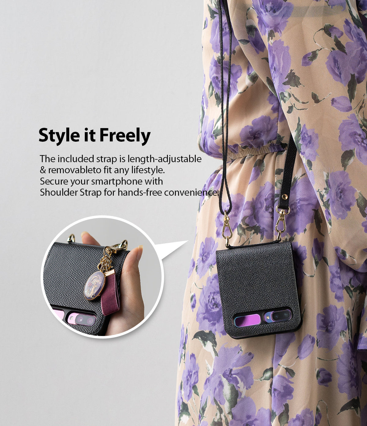 Galaxy Z Flip Case | Folio Signature Black - Black leather phone case with shoulder strap worn over floral dress.