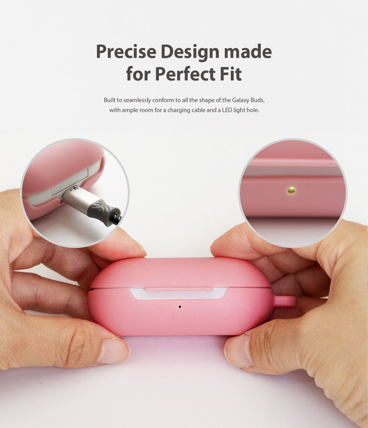 Galaxy Buds / Galaxy Buds+ Case - Pink - Hands holding a pink case with charging cable and LED light cutouts shown in insets.