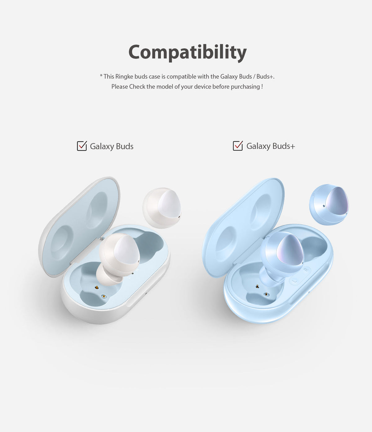 Galaxy Buds / Galaxy Buds+ Case - Pink - Galaxy Buds / Galaxy Buds+ Case - Compatibility chart showing white and light blue Galaxy Buds in their respective cases.
