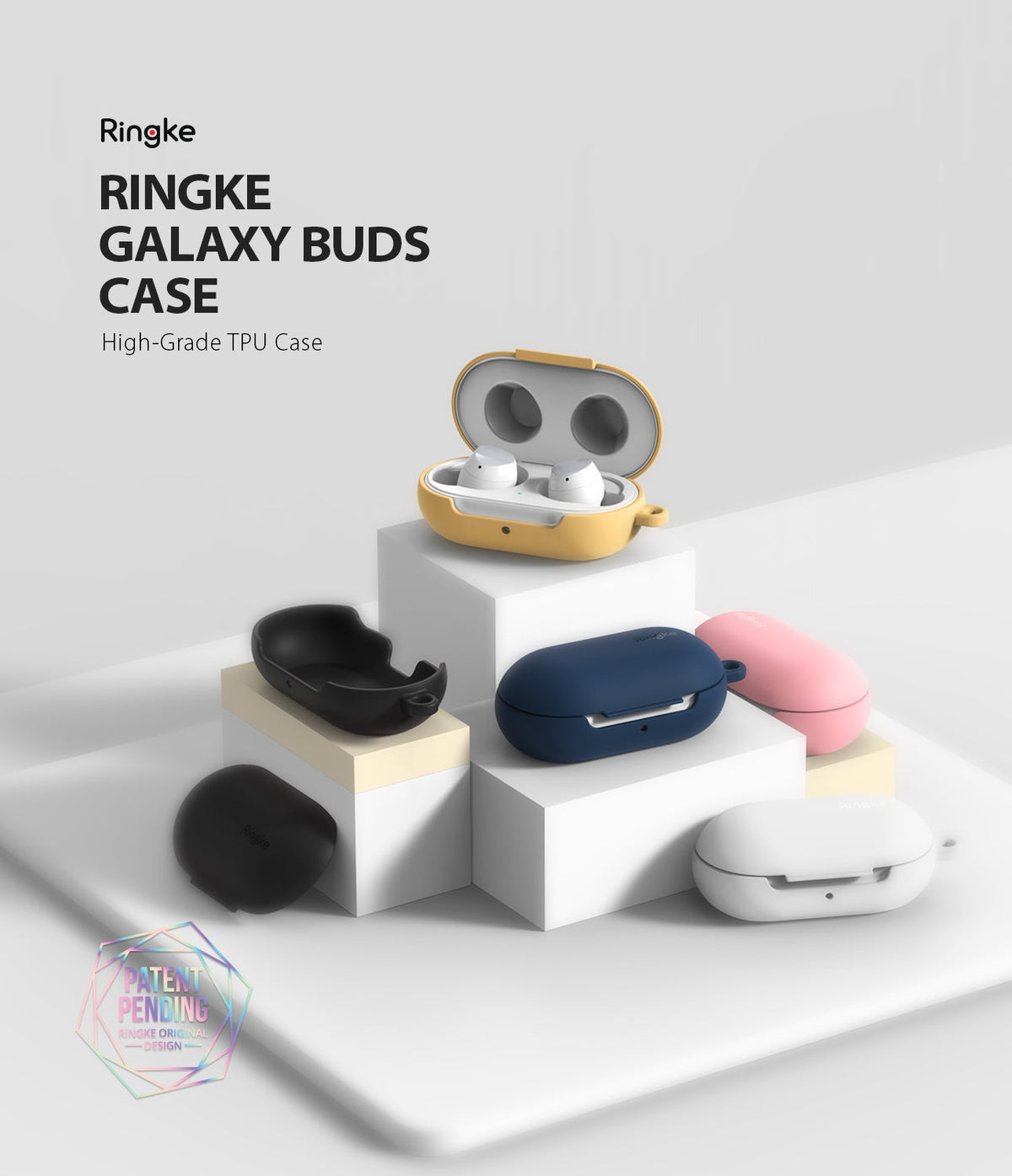 Galaxy Buds / Galaxy Buds+ Case - Pink - Multiple colorful TPU protective cases for Galaxy Buds displayed on white blocks.