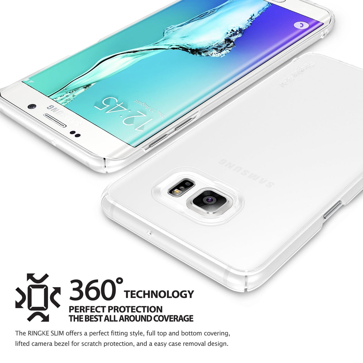 Galaxy S6 Edge Plus Case | Slim - Clear slim case on a white smartphone showing front and back views with 360-degree protection.