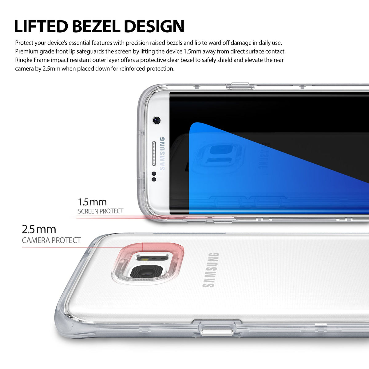 Galaxy S7 Edge Case | Frame - Close-up of phone case showing 1.5mm screen and 2.5mm camera raised bezel protection.