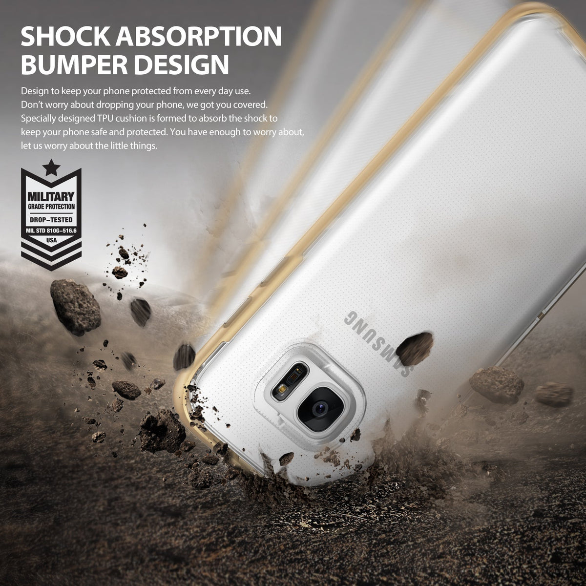 Galaxy S7 Edge Case | Frame - A phone in a protective case hitting the ground, surrounded by dust and debris, with military-grade text.