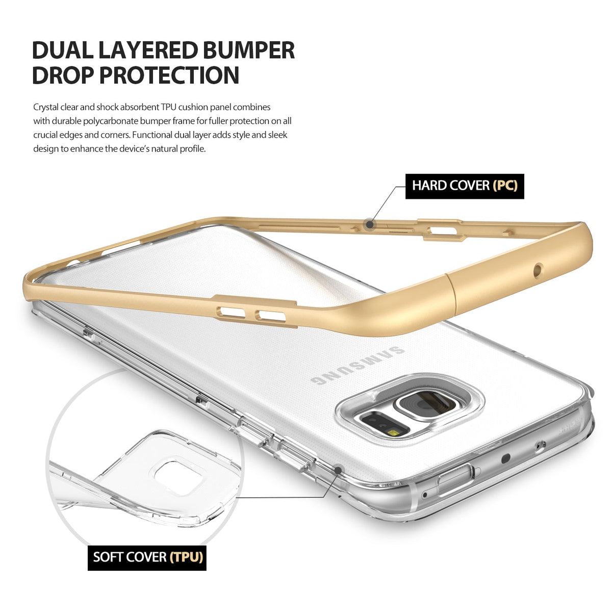 Galaxy S7 Edge Case | Frame - Exploded view of a clear TPU case and a gold polycarbonate bumper frame for a phone.