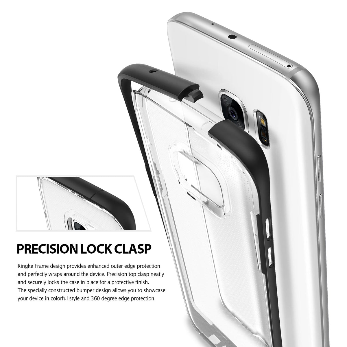 Galaxy S7 Edge Case | Frame - A black bumper frame locking onto a clear Galaxy S7 Edge phone case with a precision top clasp.