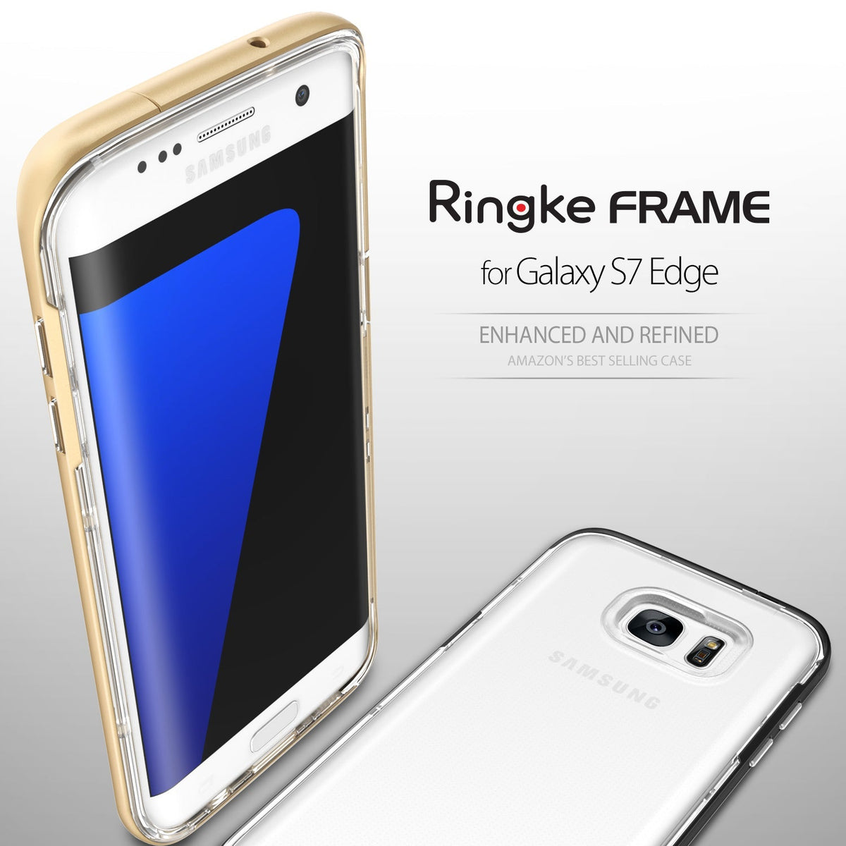Galaxy S7 Edge Case | Frame - A gold-trimmed protective frame case on a white Galaxy S7 Edge smartphone.