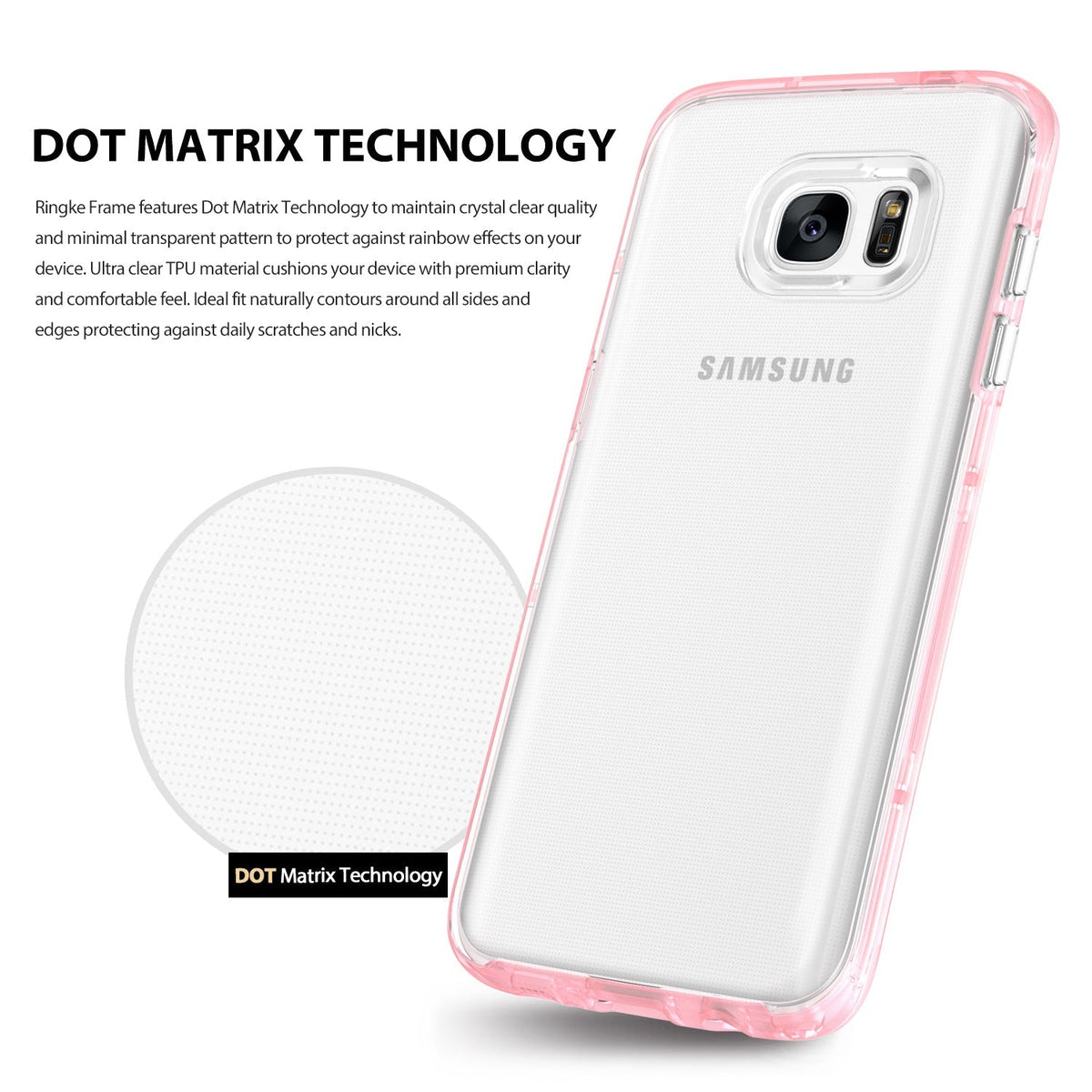 Galaxy S7 Edge Case | Frame - Clear phone case with pink edges and a dot matrix pattern detail for anti-smudge protection.