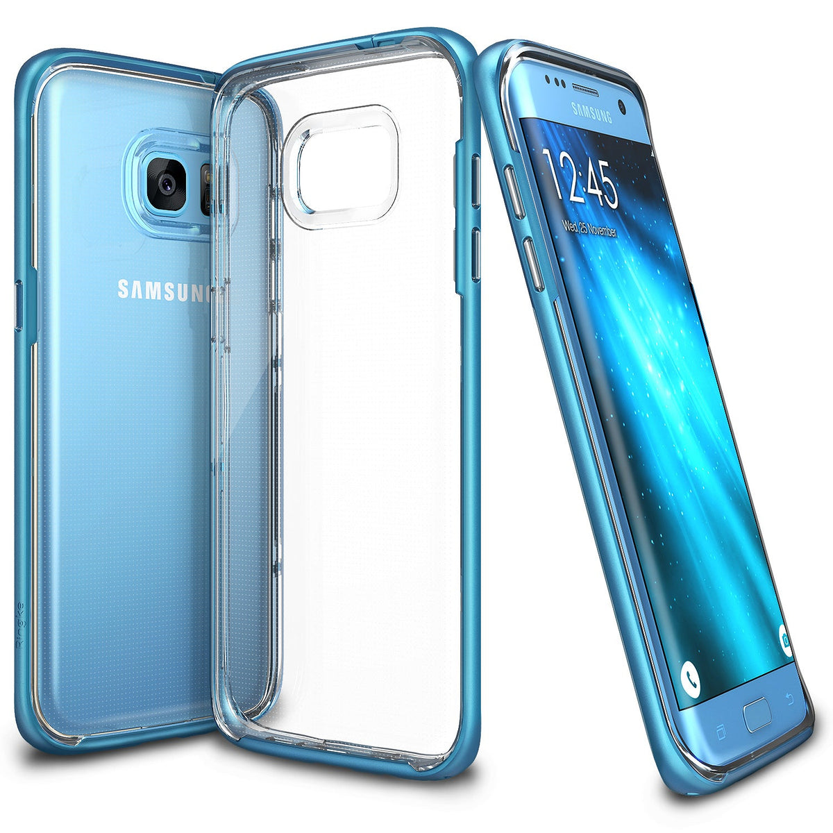 Galaxy S7 Edge Case | Frame - Ocean blue protective case shown on a Samsung Galaxy S7 Edge from front, back, and side.