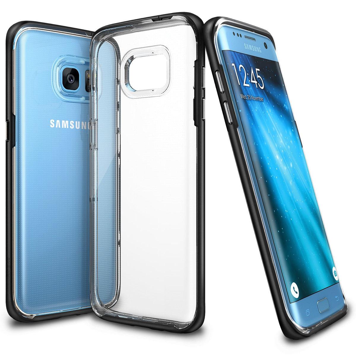 Galaxy S7 Edge Case | Frame - Clear protective phone case with a black bumper shown on a blue Galaxy S7 Edge.