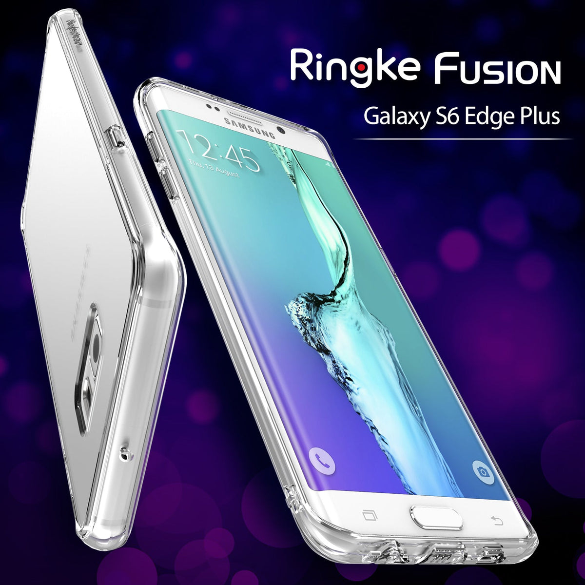 Galaxy S6 Edge Plus Case | Fusion - Clear protective case on a Samsung Galaxy S6 Edge Plus against a purple bokeh background.