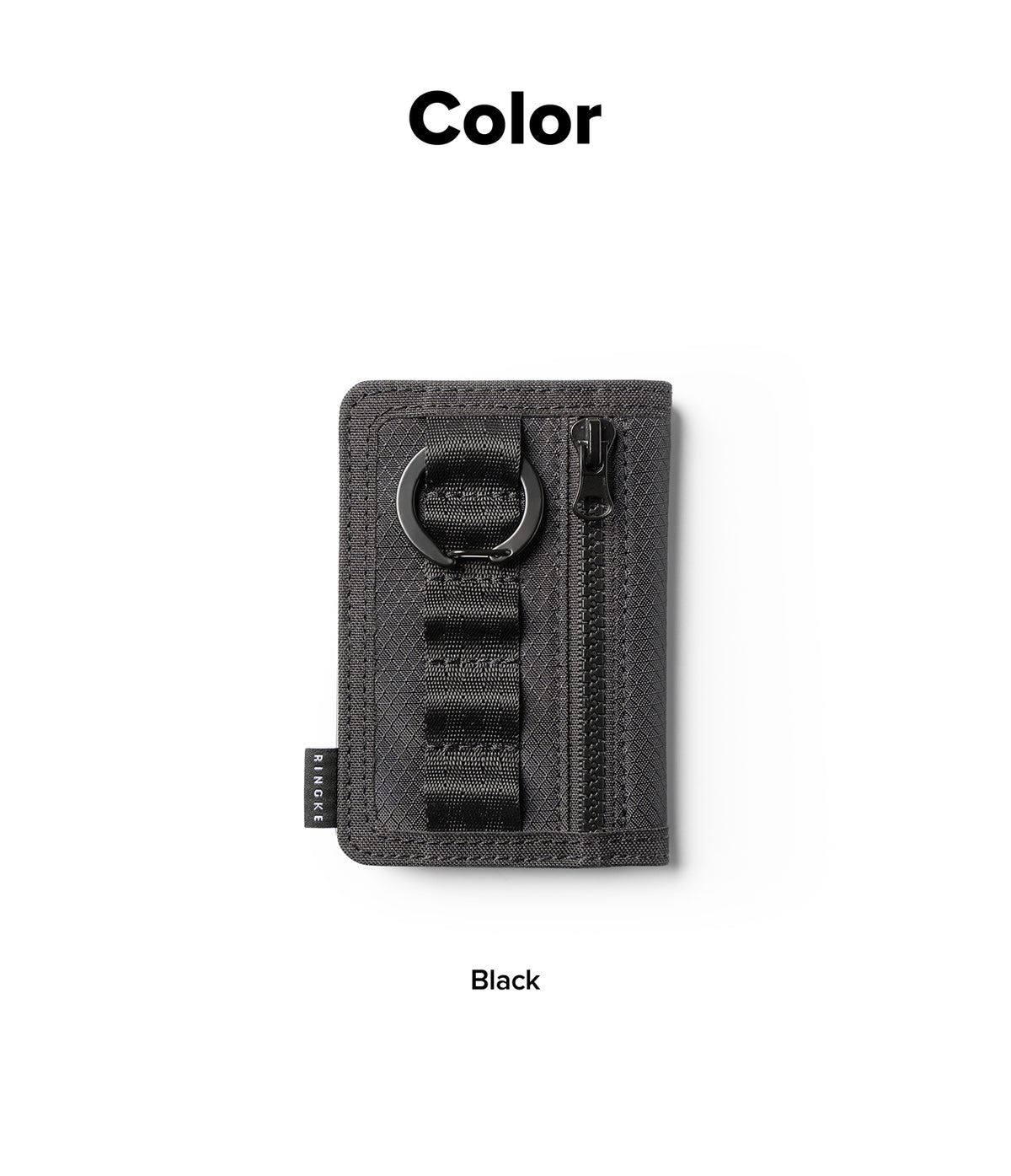 Wallet | Tech Magnetic - A black textured leather card holder wallet with a zipper, a D-ring, and a vertical strap closure, shown on a white background with 'Color' and 'Black' text labels.