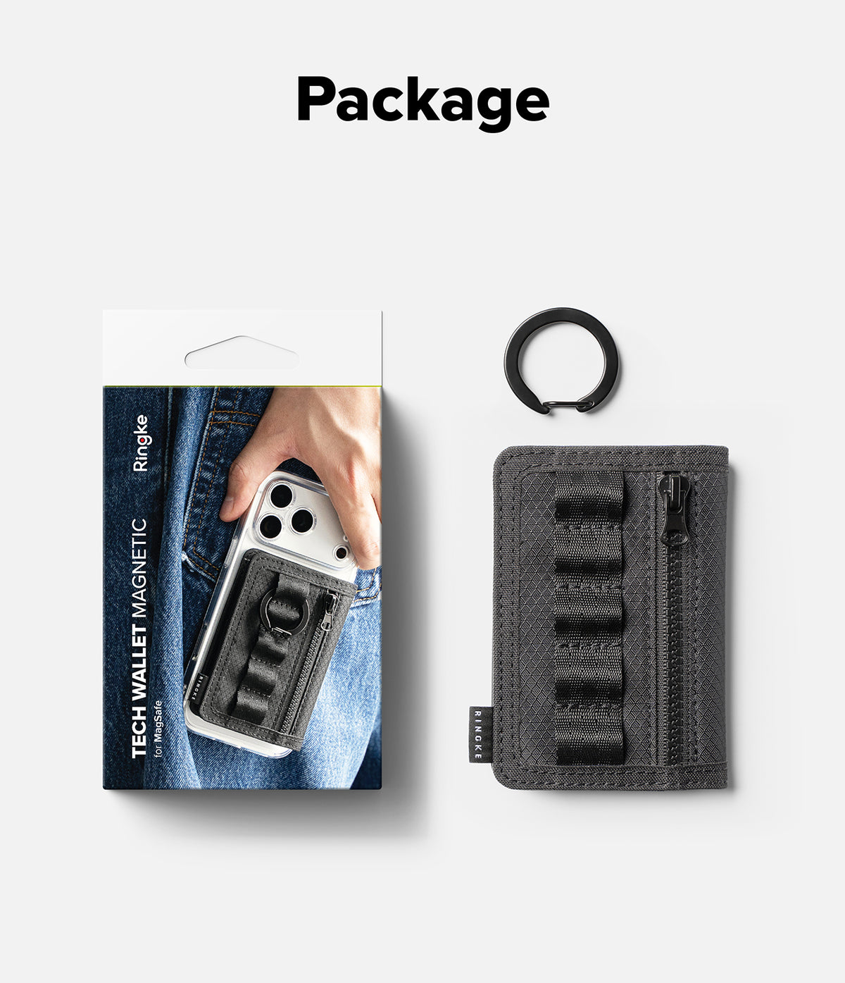 Wallet | Tech Magnetic - A dark gray tech wallet magnetic accessory shown next to its retail packaging on a light gray background, with the word 'Package' printed at the top. The wallet has a zippered main compartment, multiple black magnetic loops, and a small black ring attached to the side.