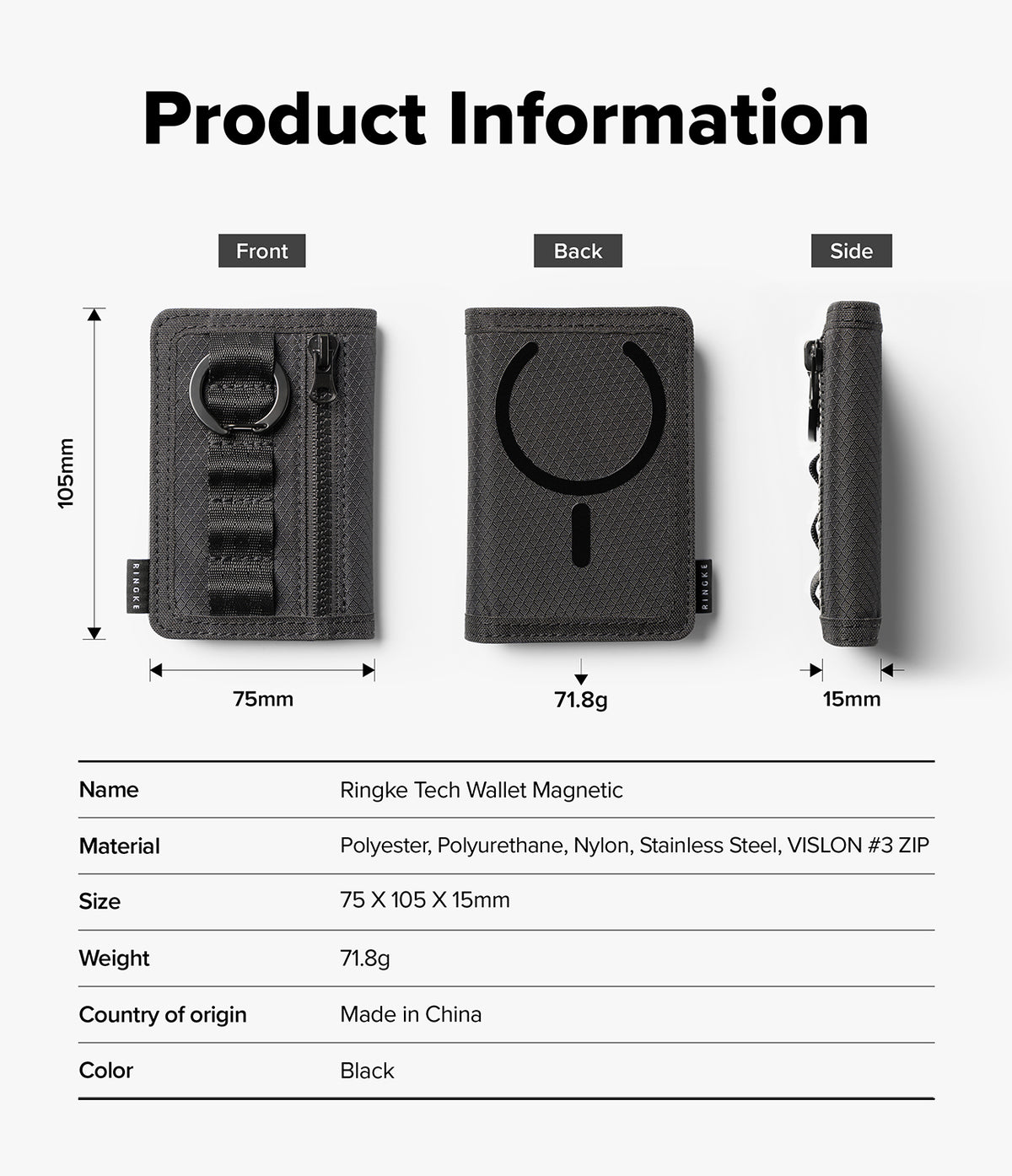 Wallet | Tech Magnetic - Product information diagram for a black Ringke Tech Wallet Magnetic, showing front, back, and side views with dimensions and a specification table below on a light gray background.
