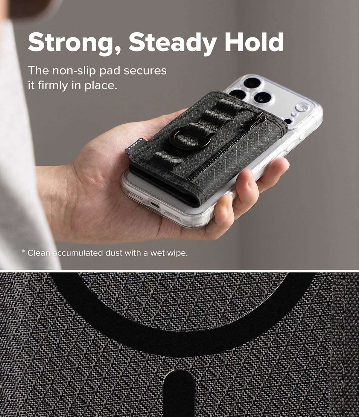 Wallet | Tech Magnetic - A hand holds a smartphone fitted with a black textured non-slip grip pad on a clear case, with marketing text at the top and a close-up of the pad at the bottom.