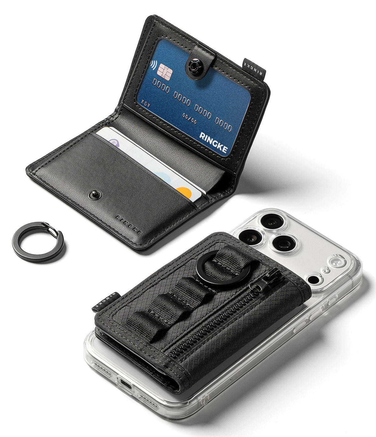 Wallet | Tech Magnetic - Black Pingo wallet phone case shown open and closed on a white background, with a phone inserted, a keychain ring accessory, and visible card slots and zipper pocket.
