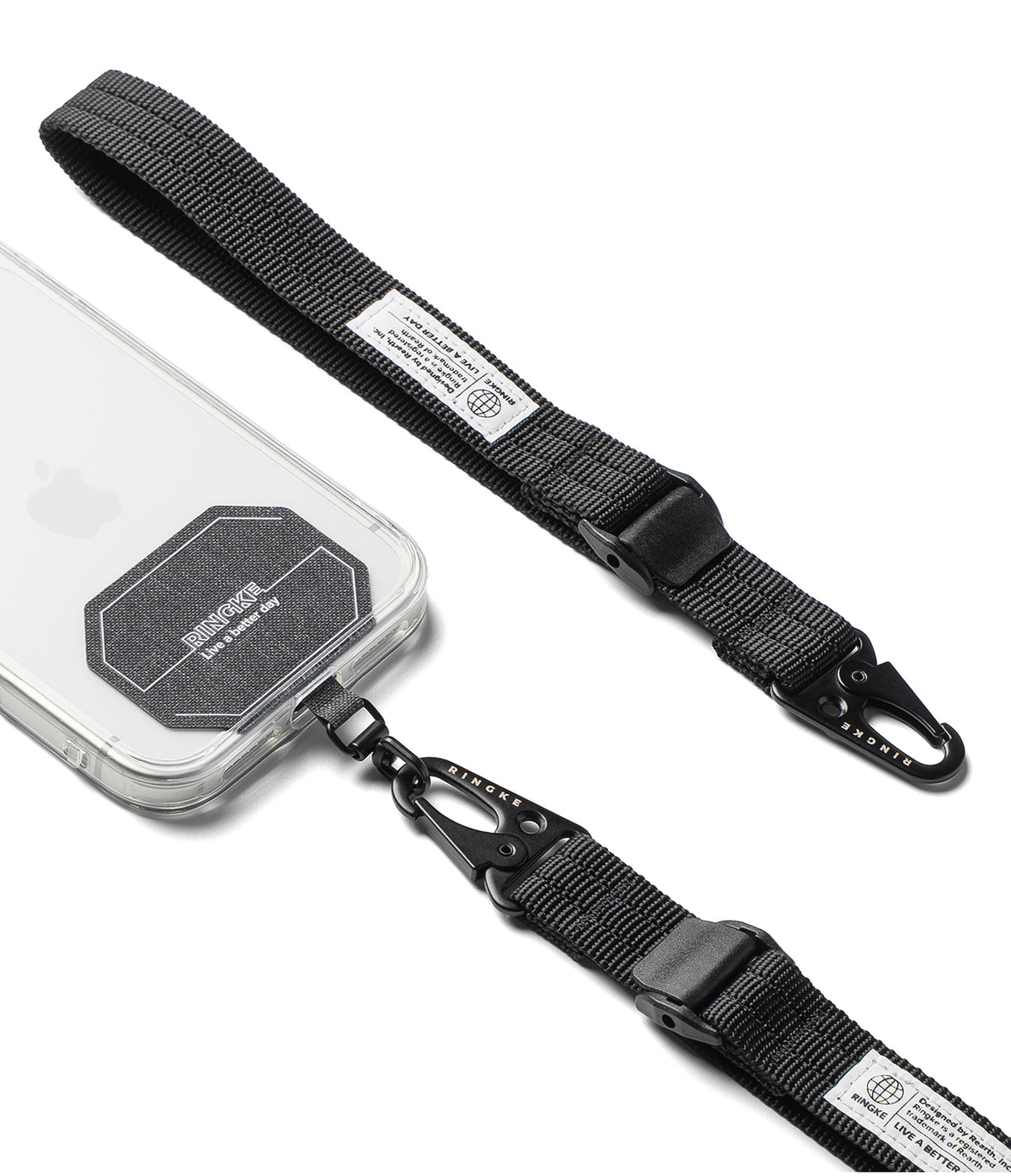 Holder Link Tactical Cam Buckle Hand Strap - A black nylon phone strap with a quick-release plastic buckle and metal carabiner, shown attached to a clear smartphone case on a white background.