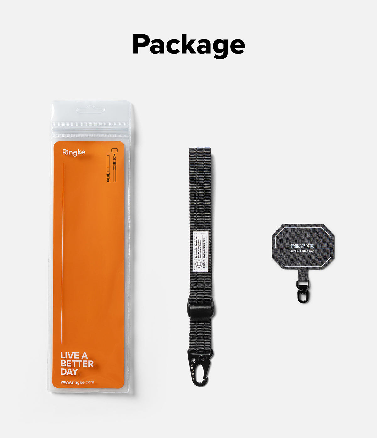 Holder Link Tactical Cam Buckle Hand Strap - Ringke package contents on a light gray background with the word 'Package' at the top: an orange insert card in a clear plastic sleeve, a black adjustable strap, and a black tag with Ringke branding.