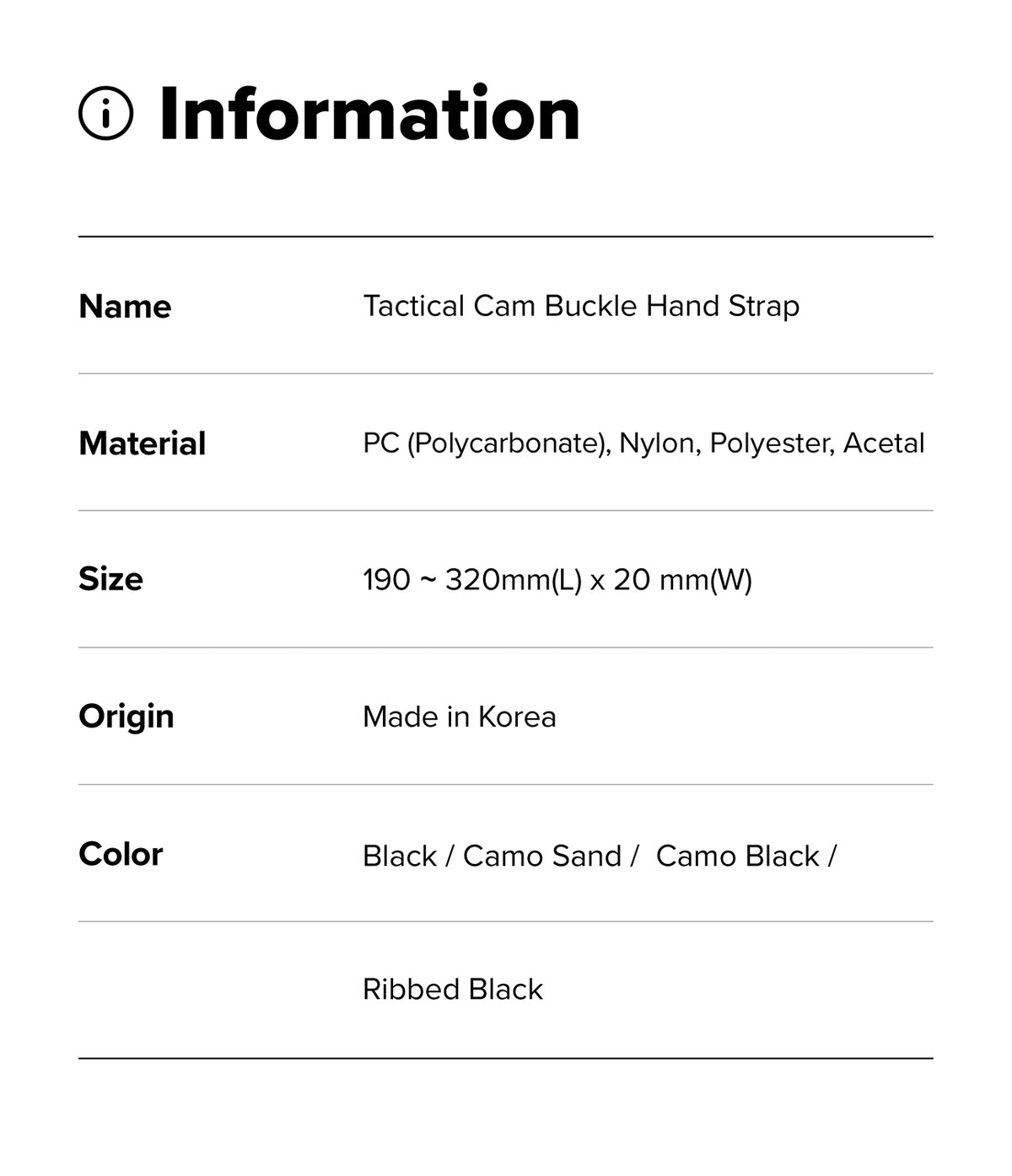 Holder Link Tactical Cam Buckle Hand Strap - A black and white information sheet detailing the specifications of a Tactical Cam Buckle Hand Strap, including name, material, size, origin, and color options.