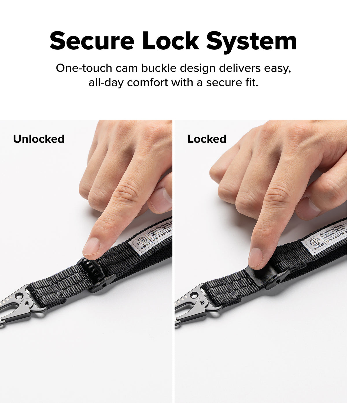 Holder Link Tactical Cam Buckle Hand Strap - Promotional graphic for a secure lock buckle system, showing a side-by-side comparison of the buckle in 'Unlocked' and 'Locked' positions, with a hand demonstrating the one-touch cam buckle design on a black webbing strap with metal hardware.