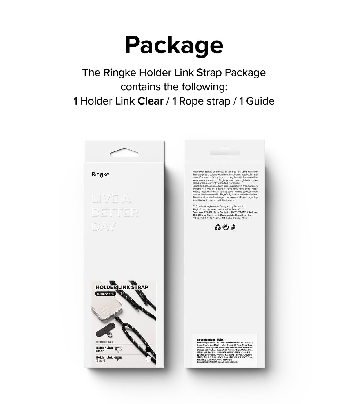 Holder Link Strap | Clear - Front and back view of the Ringke Holder Link Strap retail packaging box.