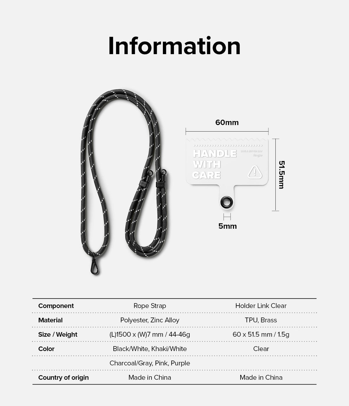 Holder Link Strap | Clear - Black rope strap and clear phone tether tab with dimensions and material specifications table.