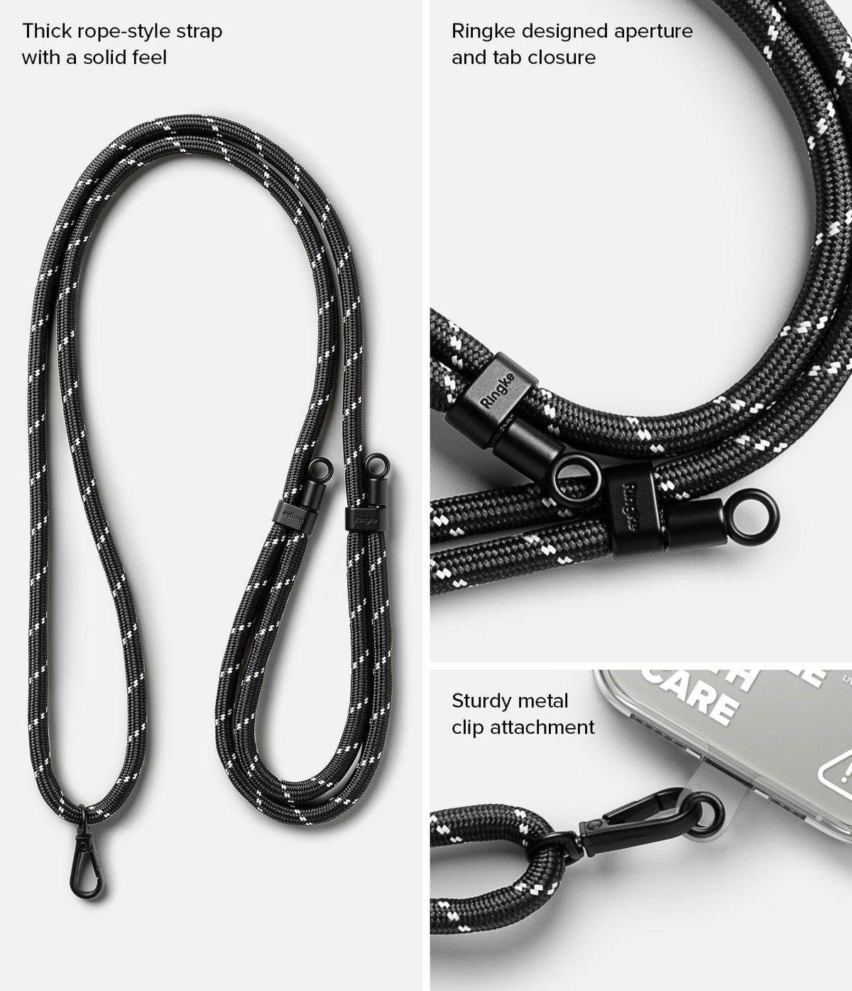 Holder Link Strap | Clear - Black rope-style lanyard with Ringke branding, metal aperture, and sturdy clip for phone attachment.