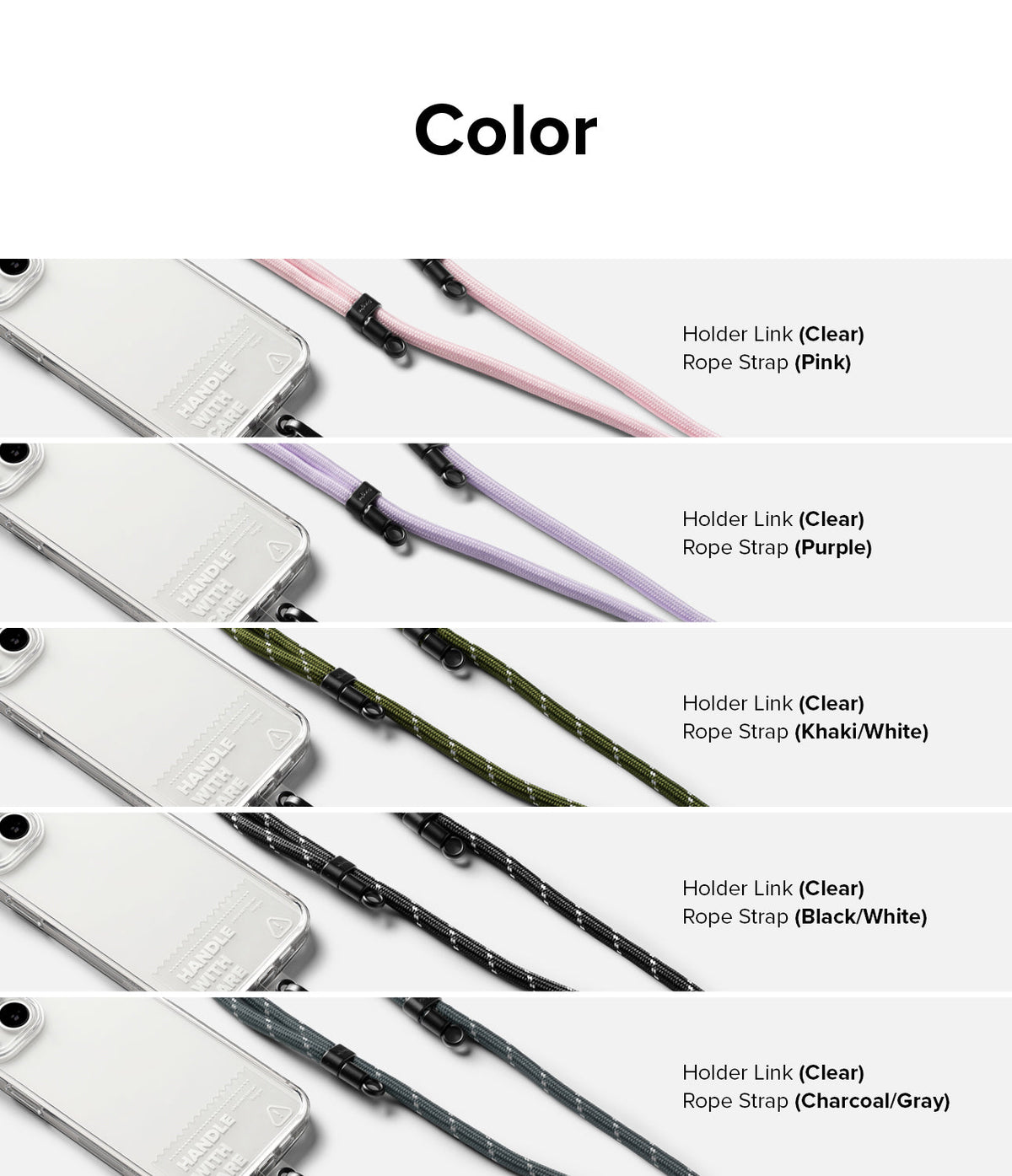 Holder Link Strap | Clear - Five clear phone cases with various colored rope straps in pink, purple, khaki, black, and gray.