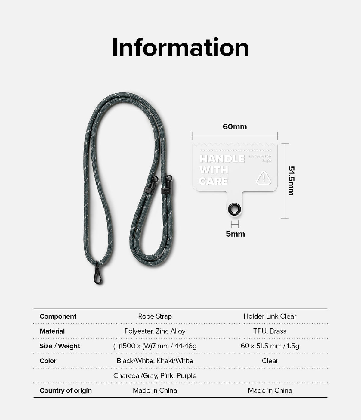 Holder Link Strap | Clear - Charcoal rope strap and clear phone tether tab with dimensions and material specifications.