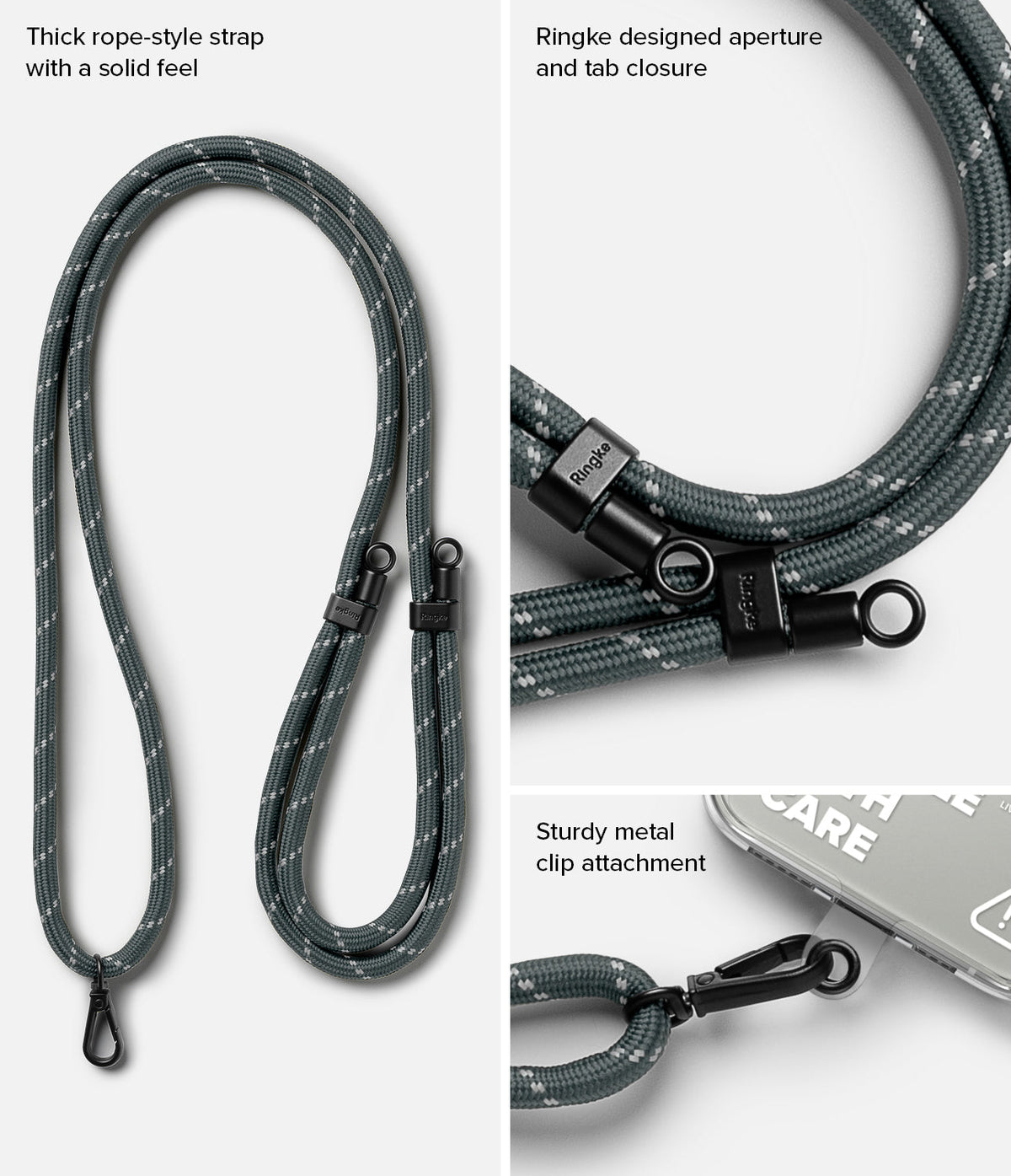 Holder Link Strap | Clear - Charcoal gray rope lanyard with black metal clips, Ringke branding, and a clear phone tab.