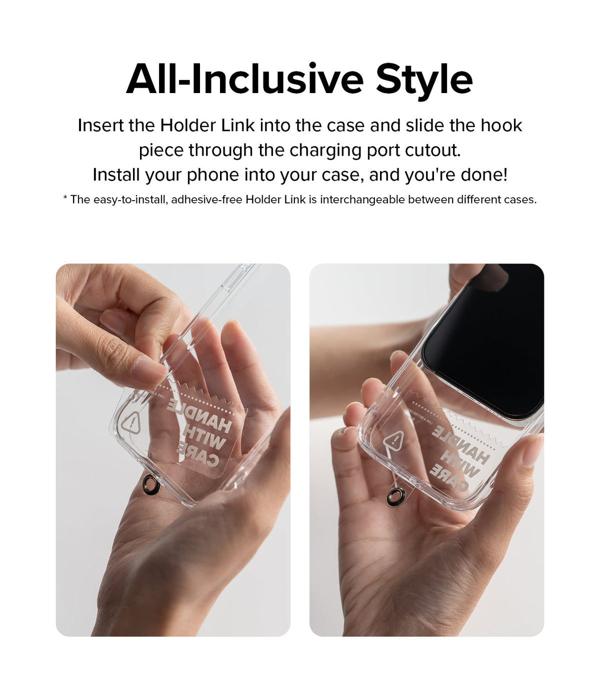 Holder Link Strap | Clear - Hands inserting a clear strap anchor into a phone case and placing a phone inside.