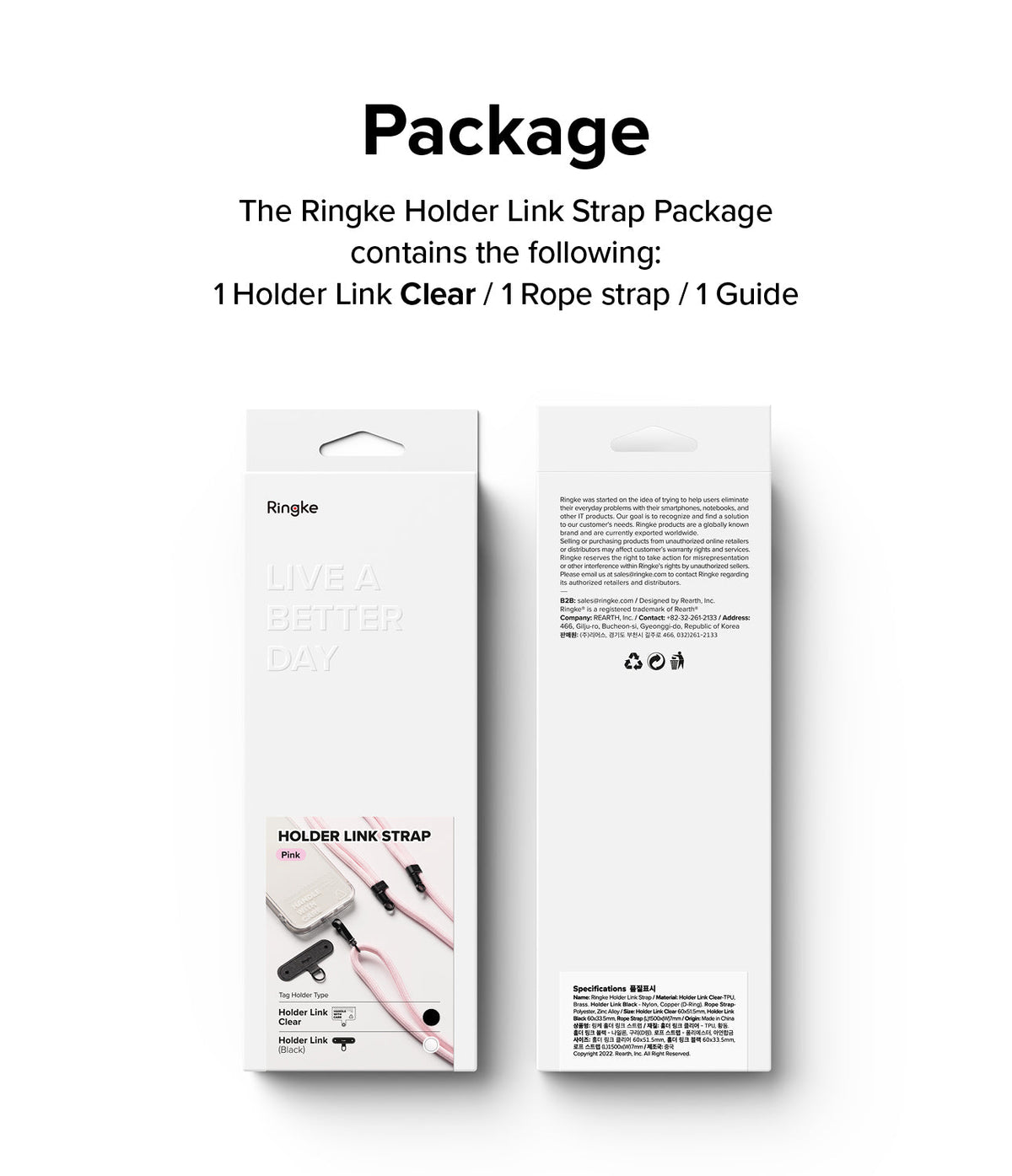 Holder Link Strap | Clear - Front and back view of the Ringke Holder Link Strap retail packaging box.