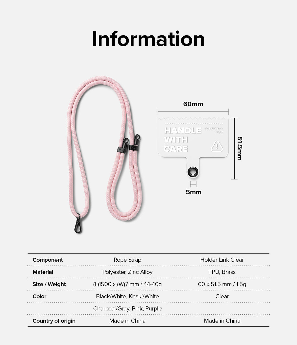 Holder Link Strap | Clear - Pink rope strap and clear phone tether tab with dimensions and material specifications.