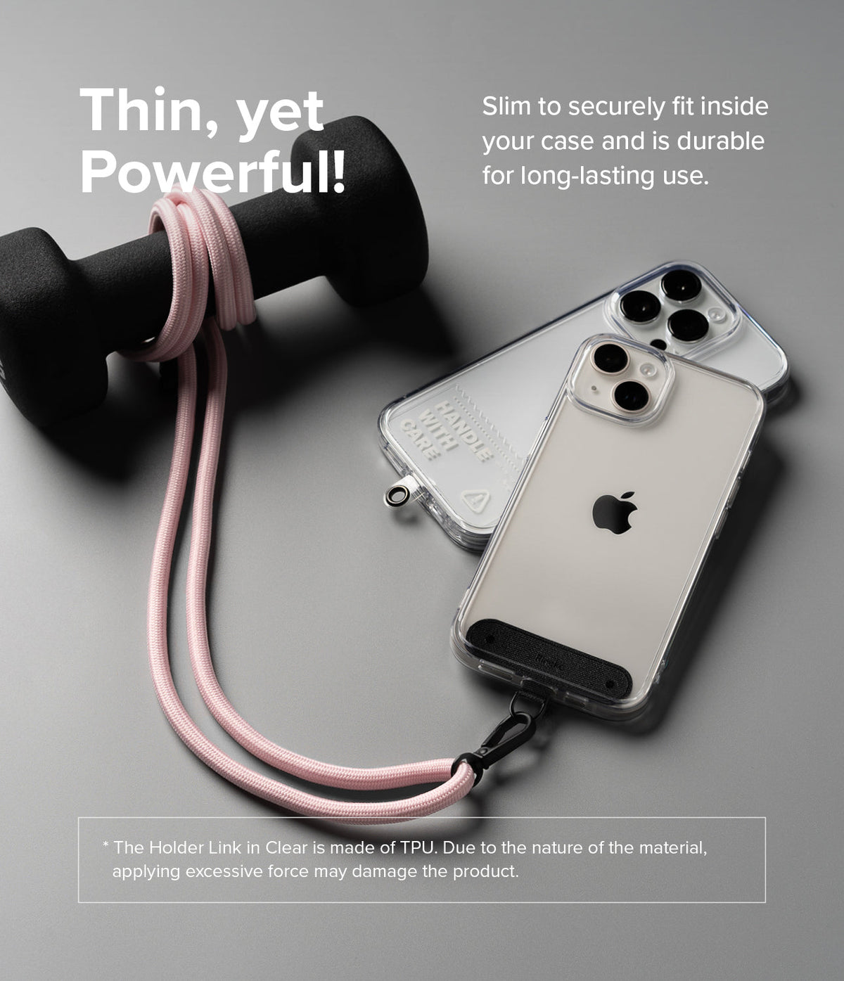 Holder Link Strap | Clear - Pink phone strap wrapped around a dumbbell, connected to a smartphone in a clear case.