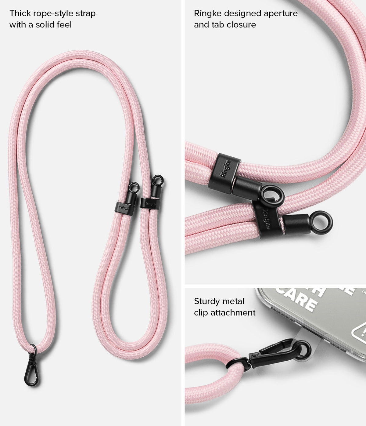 Holder Link Strap | Clear - Pink rope-style strap with black Ringke aperture, tab closure, and sturdy metal clip attachment.