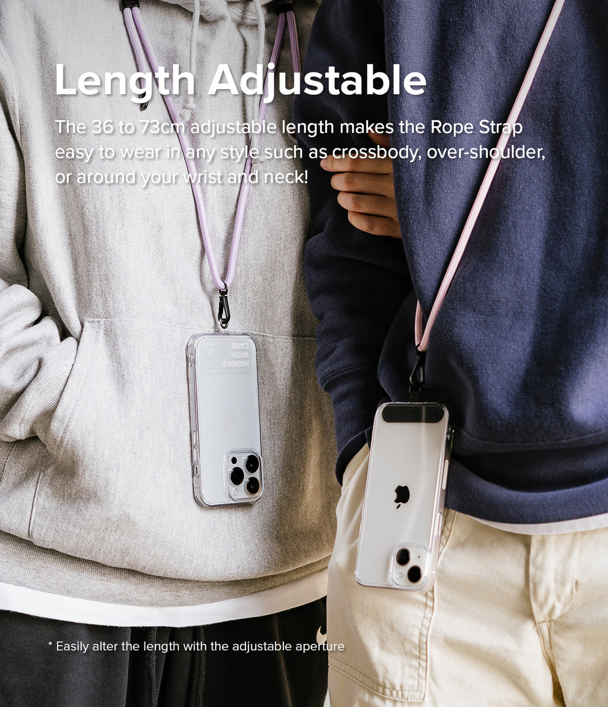 Holder Link Strap | Clear - Two people wearing phones on adjustable pink rope straps over hoodies.