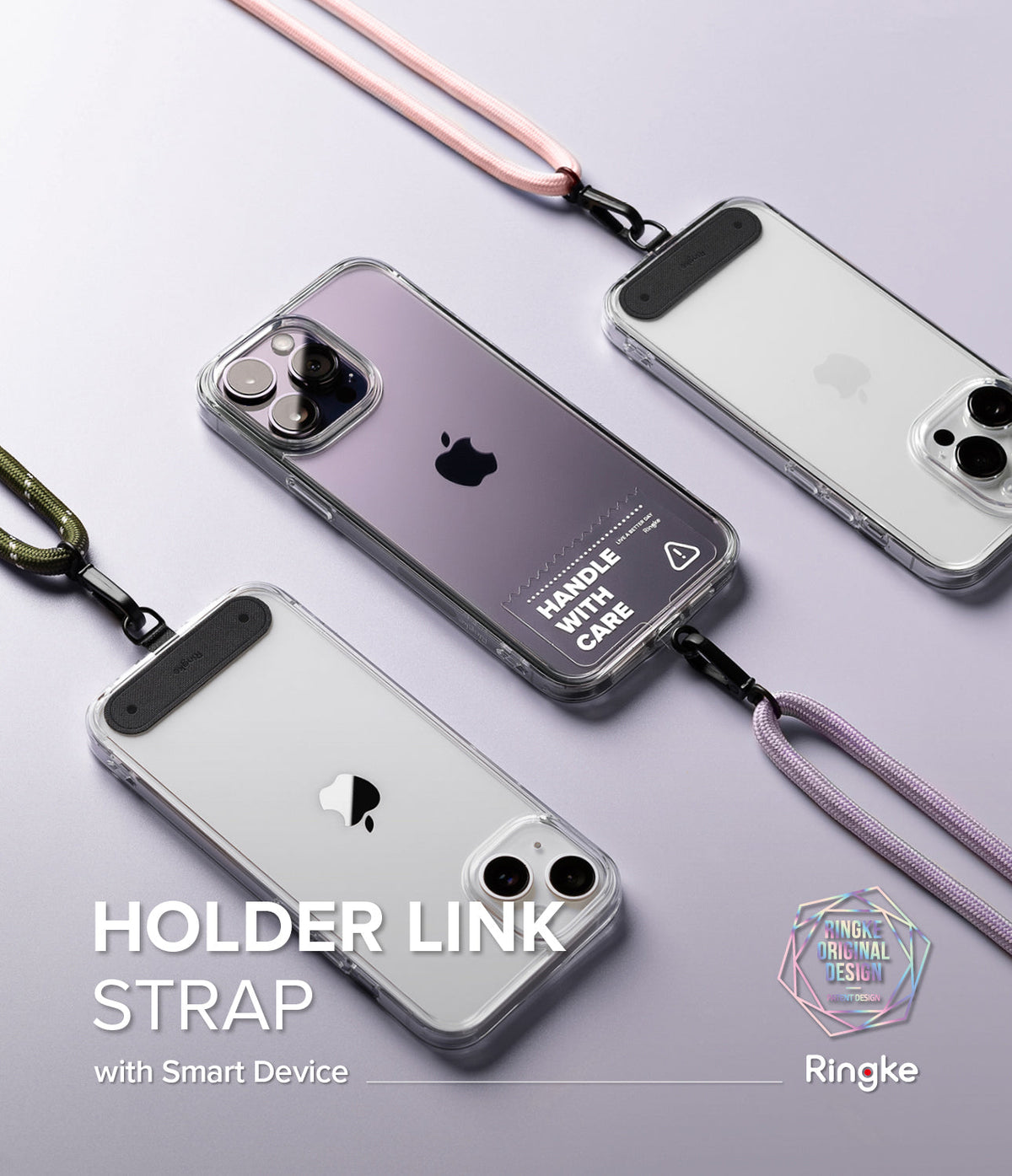 Holder Link Strap | Clear - Three smartphones in clear cases with colorful fabric lanyards attached to black strap holders.