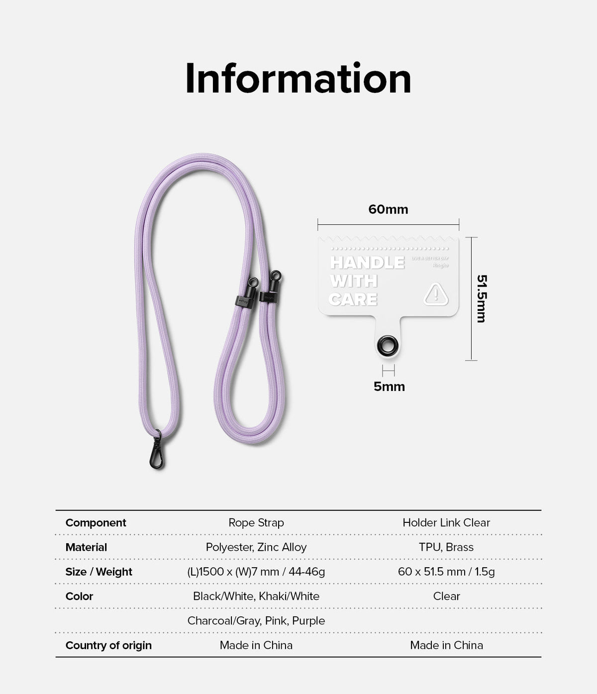 Holder Link Strap | Clear - Purple rope strap and clear phone tether tab with dimensions and material specifications table.