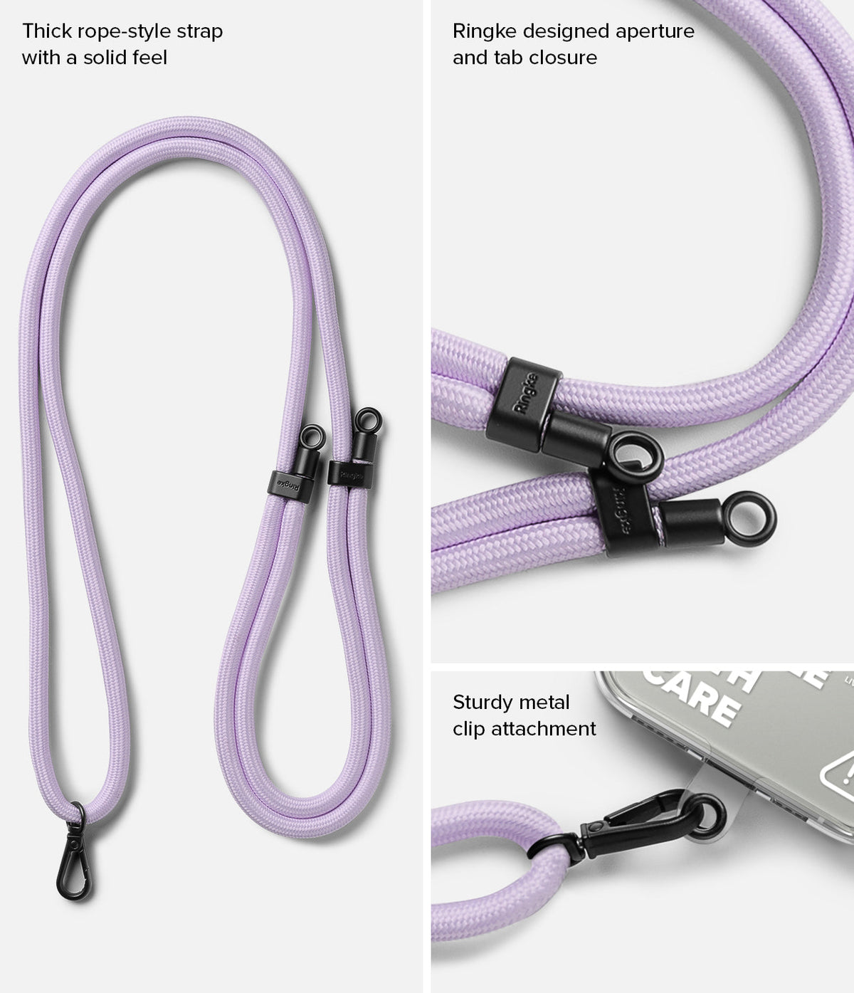 Holder Link Strap | Clear - Lavender rope-style strap with black Ringke aperture, tab closure, and metal clip attachment.
