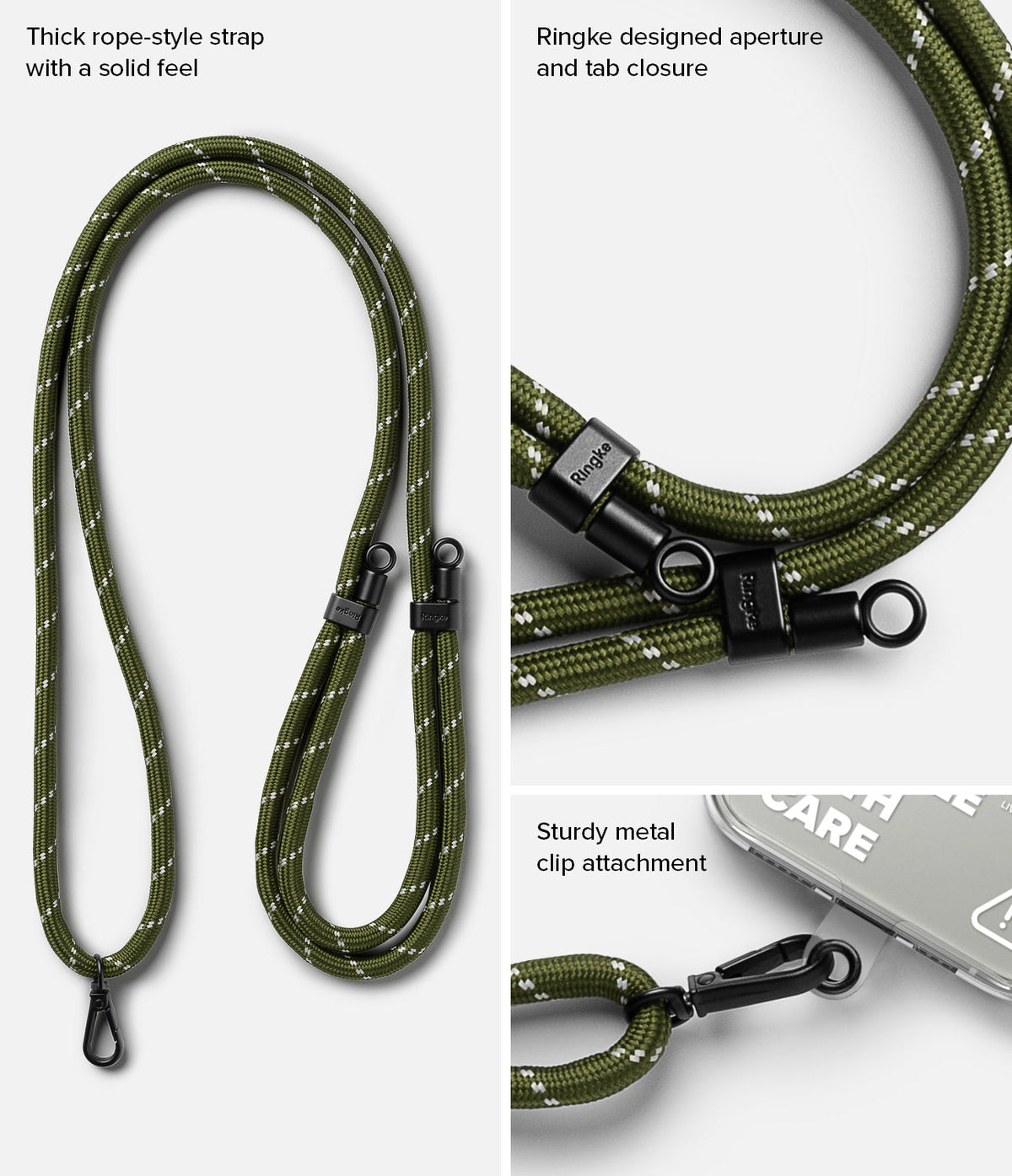 Holder Link Strap | Clear - Khaki rope-style lanyard with black metal clips, Ringke branding, and a clear phone case attachment.